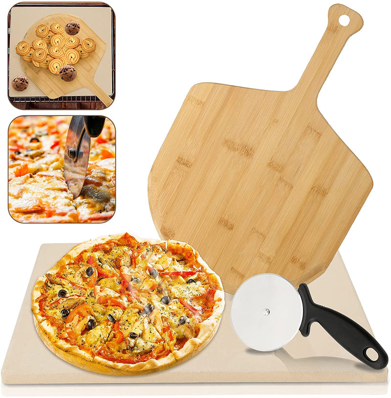 Wolketon Onlineshop Günstig Kaufen Pizzastein Pizzaschaufel Pizzaschneider, für Backofen Gitterrost & Weber Grill, Backstein 30 x 38 x 1,5 cm, beige