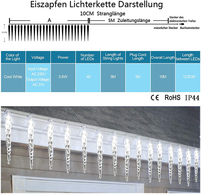 Wolketon 40 LED Eiszapfenkette 5m LED Lichterkette Kaltweiß