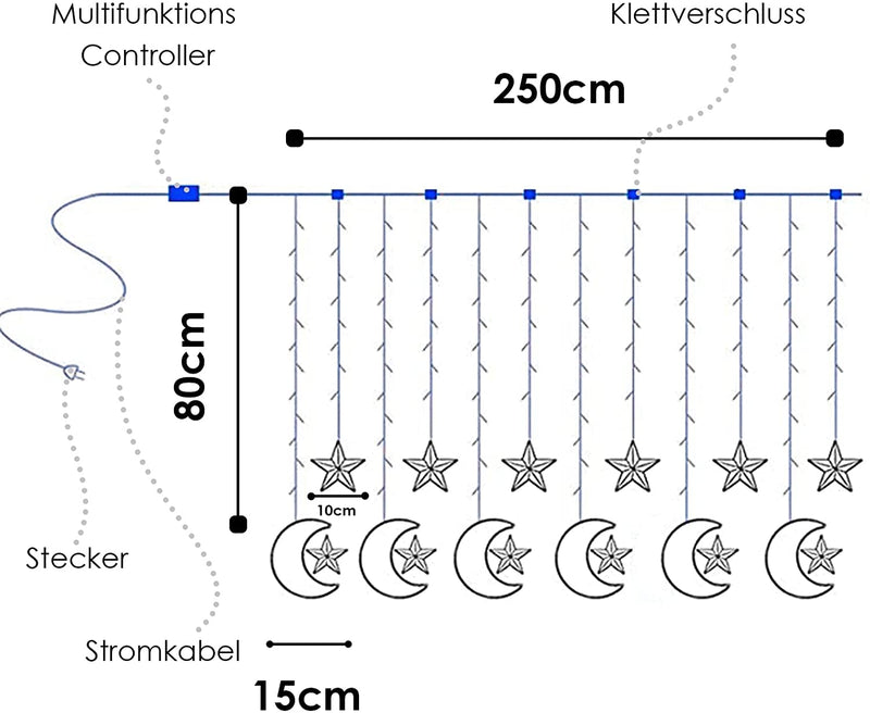 Wolketon Stern Mond Vorhang Licht Warmweiß mit 8 Modi Dimmbar